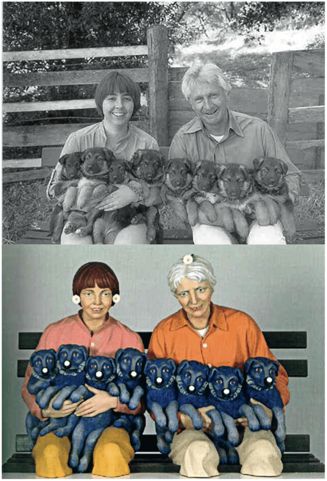 Jeff Koons liet een foto van Art Rogers transformeren tot het beeldhouwwerk String of Puppies