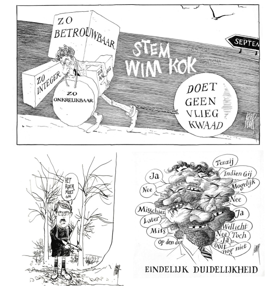 Boven: Wim Kok, 19 augustus 1989;
rechtsonder: Ruud Lubbers, 9 juni 1984.
Later kreeg je mensen als Balken ende (links en op p. 30), heel makkelijk, met dat ‘ronde kinderhoofdje’, maar daarom ook weinig eer aan te behalen.'
