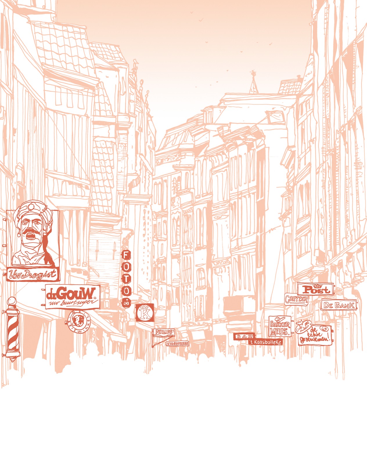 Een winkelstraat in de jaren tachtig. Illustratie: Zenk One