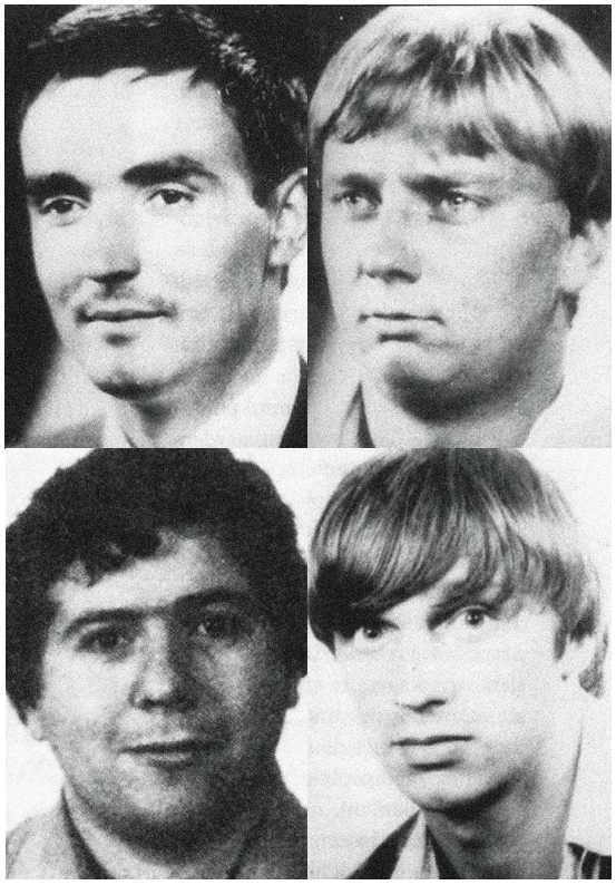De Heineken-ontvoerders, met de klok mee: Frans Meijer, Cor van Hout, Willem Holleeder en Jan Boellaard.