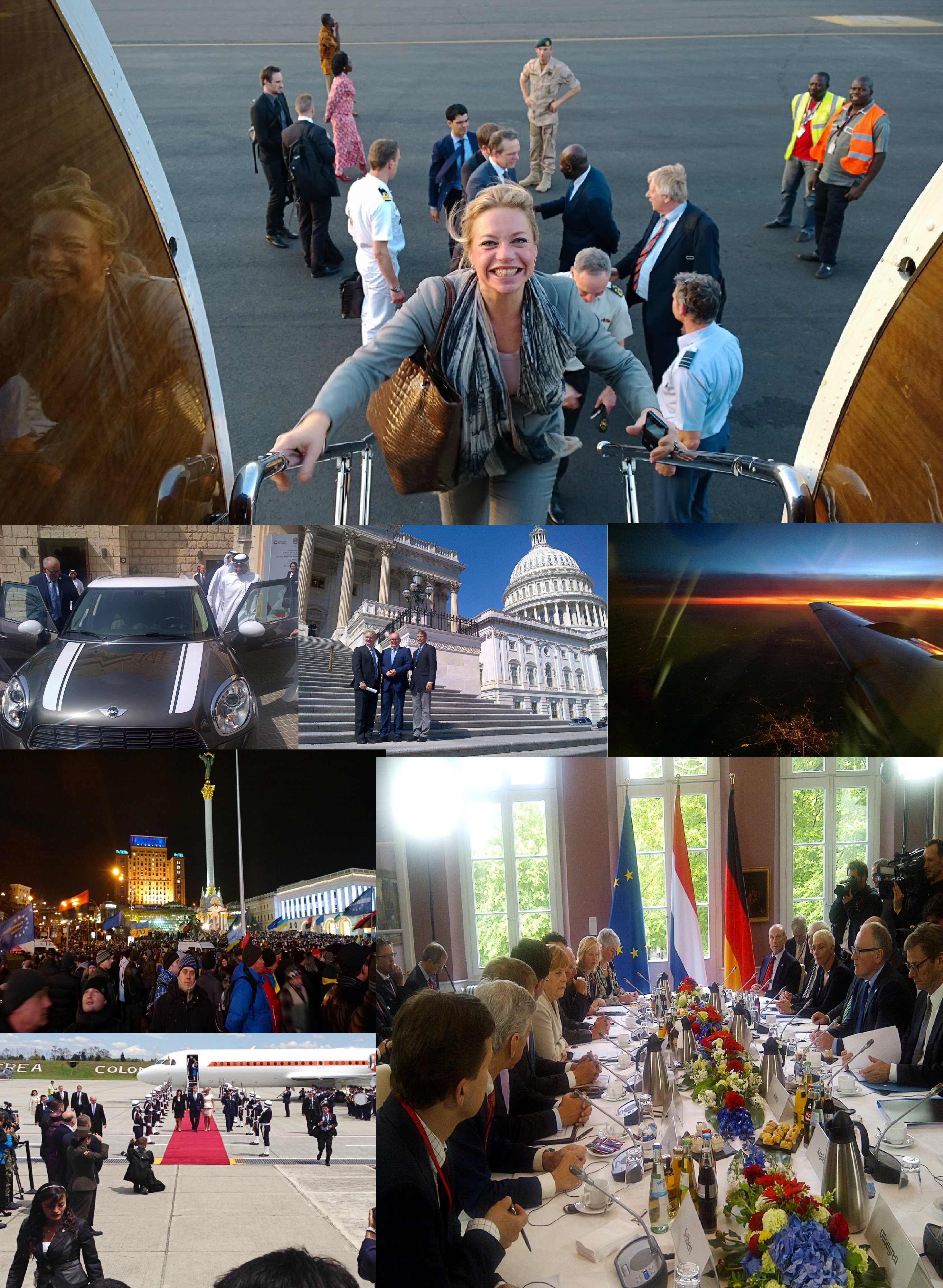 Timmermans’ foto’s op Facebook. Van boven naar beneden: collega-minister Jeanine Hennis op de vliegtuigtrap in Mali; met Sheikh Abdullah bij diens auto; met congresleden Huizinga en Van Hollen in Washington; in het vliegtuig naar Kiev; demonstratie in Kiev; koninklijk bezoek aan Colombia; Duits-Nederlandse regeringsconferentie.