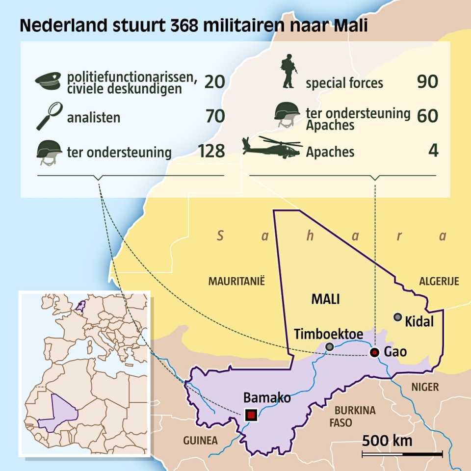 Nederlandse militaire missie naar Mali 2013. Kaart: Machtelt de Vries, bronnen: Defensiekrant, Rijksoverheid.nl