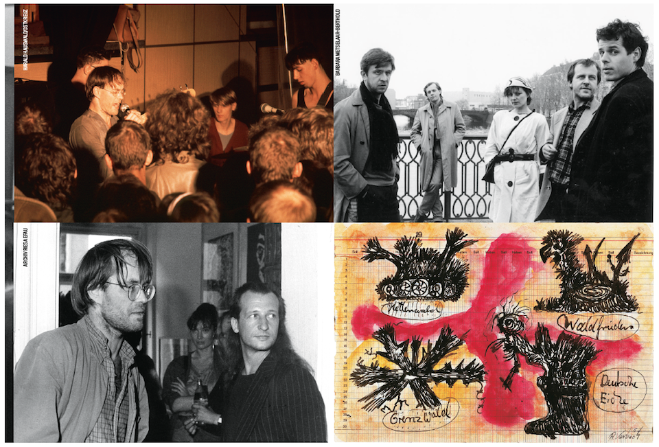 Van linksboven met de klok mee: Anderson in Berlijn, 1989; Oost-Duitse kunstenaars, rechts Ralf Kerbach, in het midden Conny Schleime; een werk van Kerbach uit Totenreklame; Anderson met IM Egon in de Stasi-galerie 'Operatives Nest' in Dresden