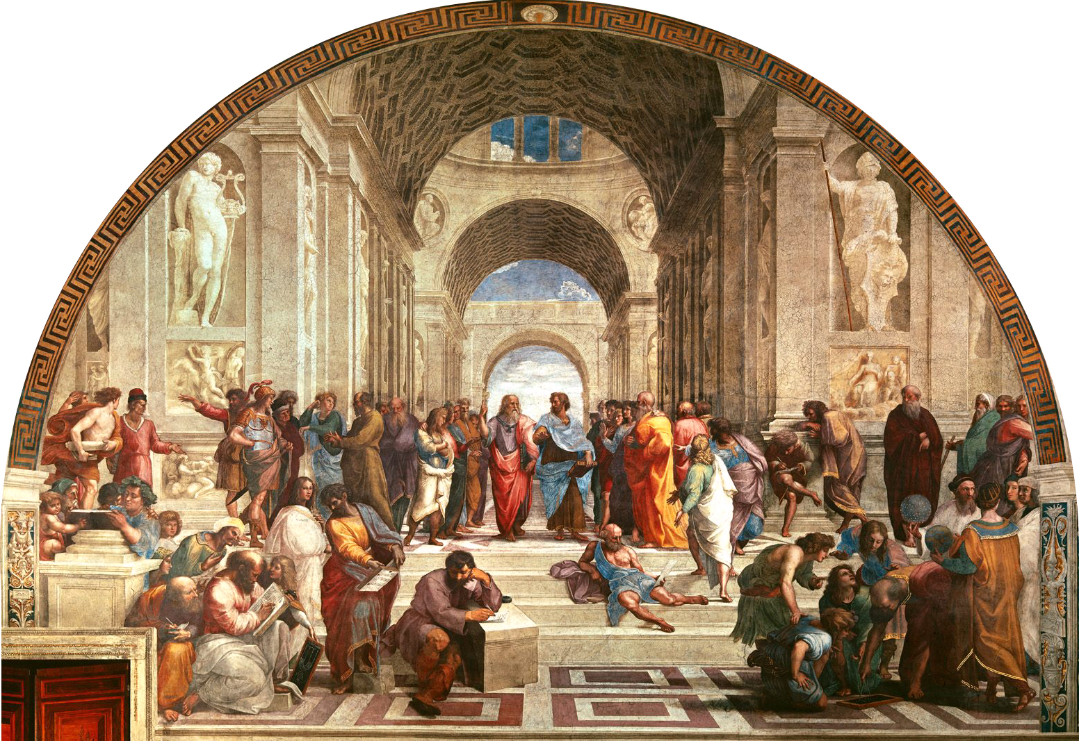 De school van Athene. Met in het midden Plato en Aristoteles, en links vooraan bij de tafel Heraclitus