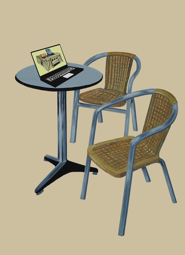 Illustratie van een tafeltje met laptop bij artikel over clickworkers