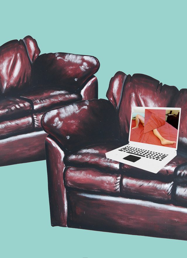 Illustratie van een bankje met laptop bij artikel over clickworkers
