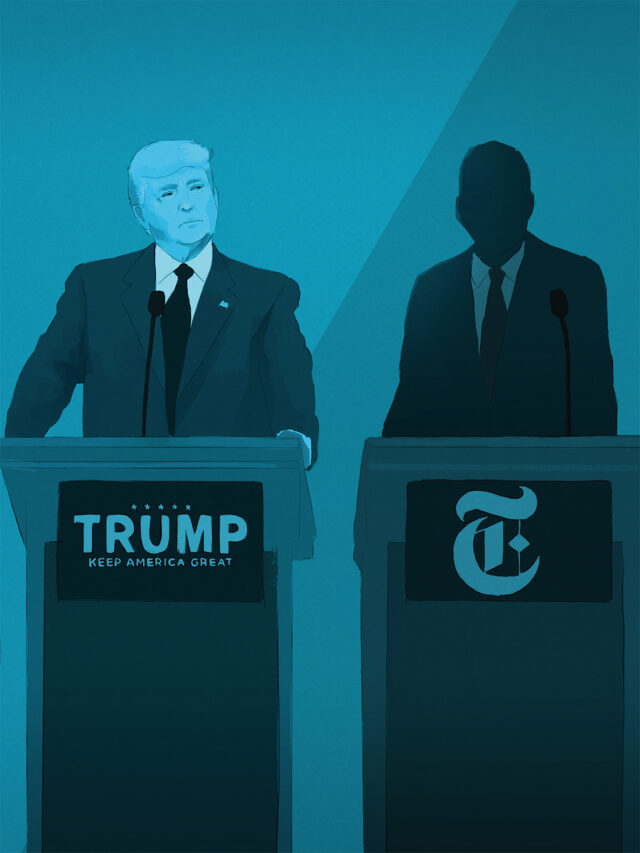 Illustratie van Trump en een hoofdredacteur, beide achter een katheder, als schets van de situatie van de Amerikaanse journalistiek.
