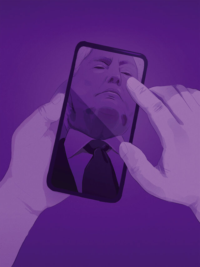 Illustratie van smartphonescherm met Trump erop