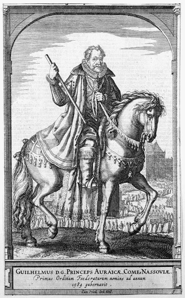 Willem de Zwijger te paard. Een ets van Emanuel van Meteren (1535-1612).
